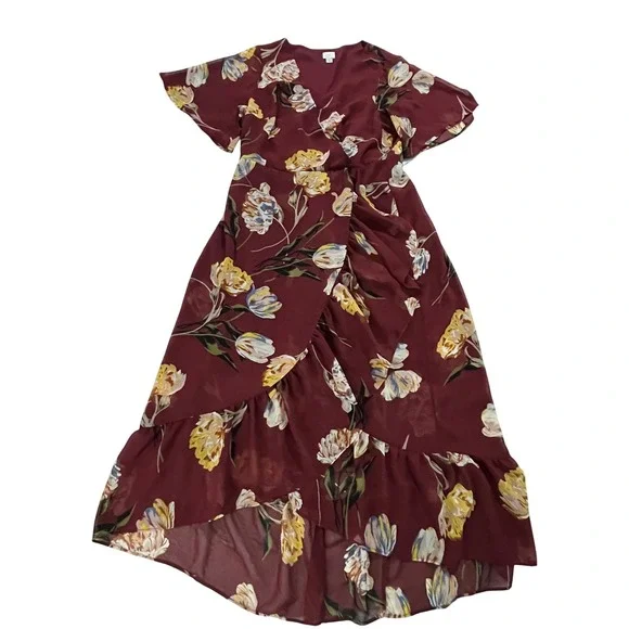 A New Day Womens Burgundy Floral Wrap High-Low Ruffle Midi Dress Large L Garden - Picture 12 of 16